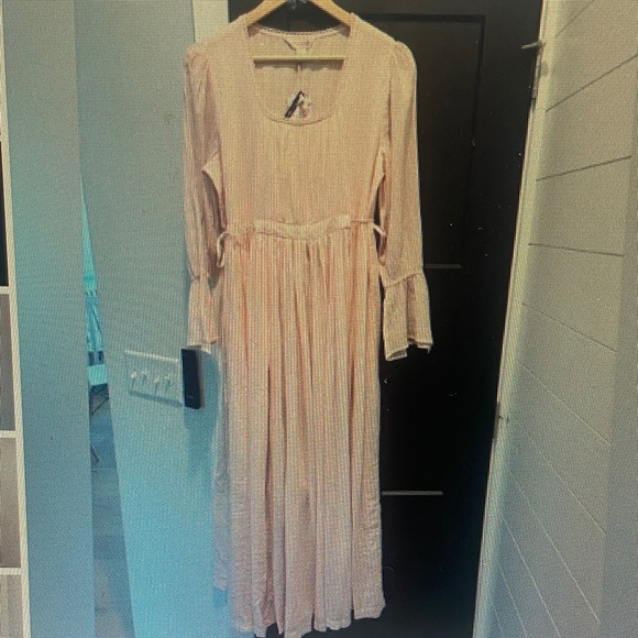 April Cornell pink cotton long bell sleeve Dress Small NEW maxi midi cinch tie - Picture 1 of 1